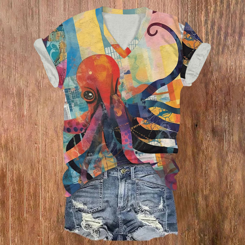 Japanese Octopus Tentacle Print Patchwork Print Art Short Sleeved V-neck T-shirt - Blue - US32-34(5XL) - image 1