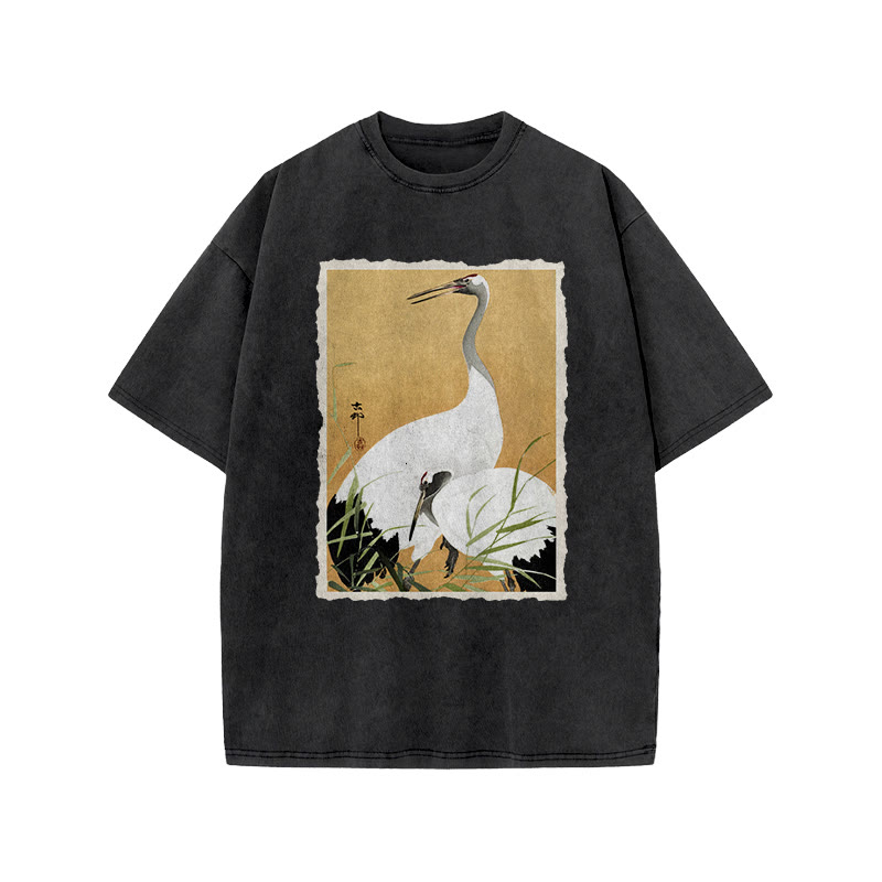Japanese Vintage Two Cranes Art Patterns Print Acid Washed T-shirt - Black - US20-22(3XL) - image 1