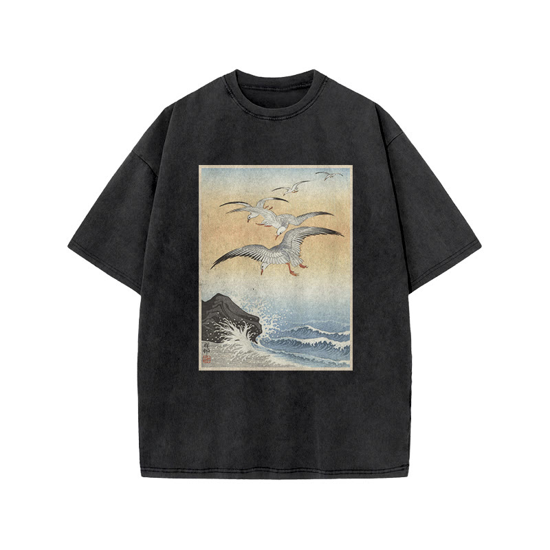 Japanese Vintage Five Seagulls Above Raging Sea Art Patterns Print Acid Washed T-shirt - Black - US20-22(3XL) - image 1