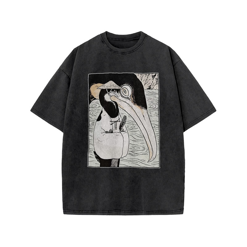 Japanese Vintage Mysterious Kimono Crane Art Patterns Print Acid Washed T-shirt - Black - US20-22(3XL) - image 1