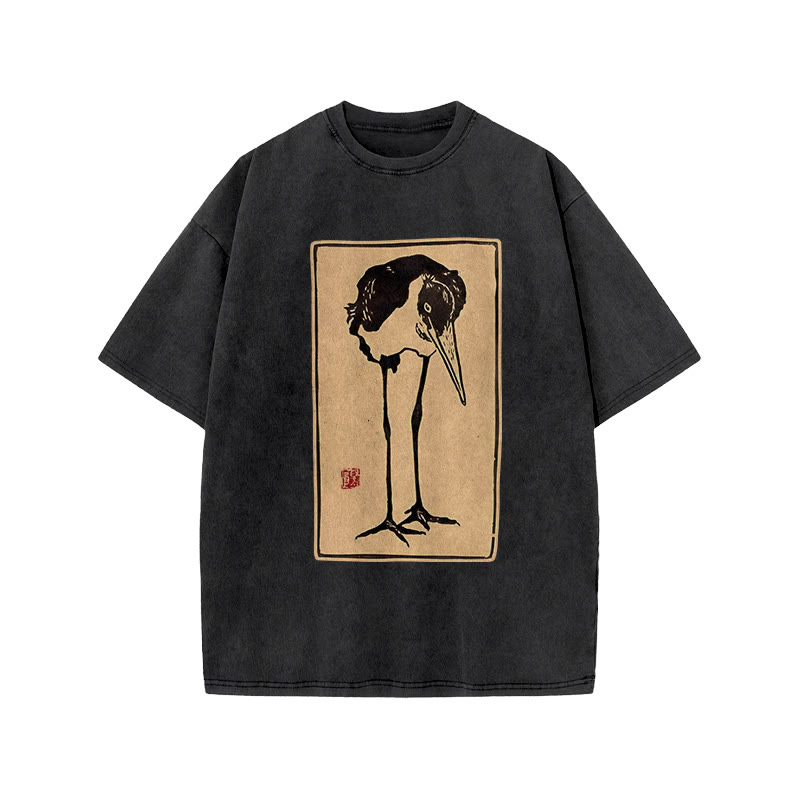 Japanese Vintage Mariboe Bird Art Patterns Print Acid Washed T-shirt - Apricot - US20-22(3XL) - image 2