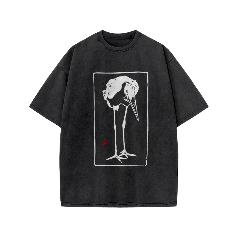 Japanese Vintage Mariboe Bird Art Patterns Print Acid Washed T-shirt - Black - US20-22(3XL) - image 1