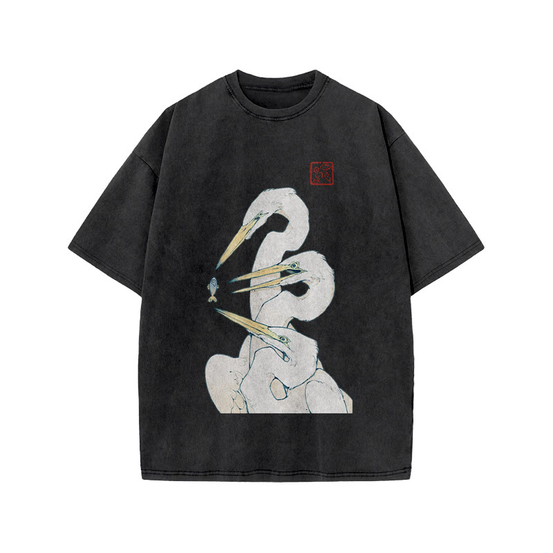 Japanese Vintage Three Egrets One Fish Art Patterns Print Acid Washed T-shirt - Black - US20-22(3XL) - image 1