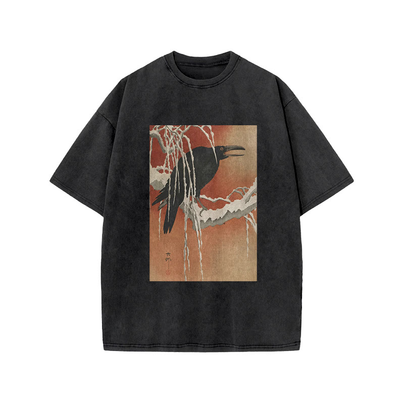 Japanese Vintage Crow On A Snowy Branch At Sunset Art Patterns Print Acid Washed T-shirt - Black - US20-22(3XL) - image 1