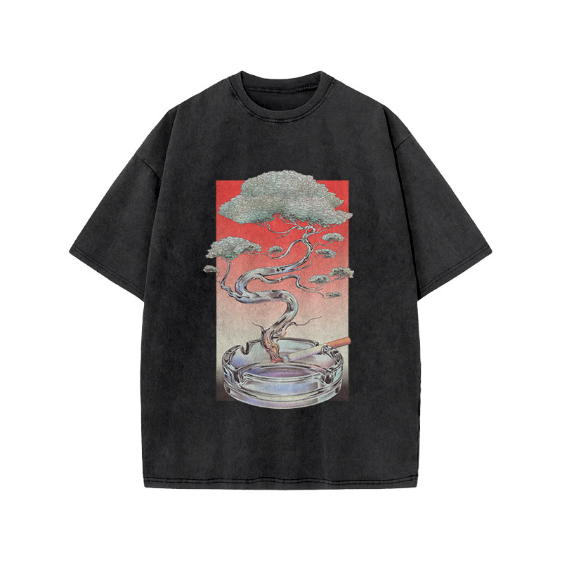 Japanese Vintage Cigarettes - Pine Tree Art Patterns Print Acid Washed T-shirt - Black - US20-22(3XL) - image 1
