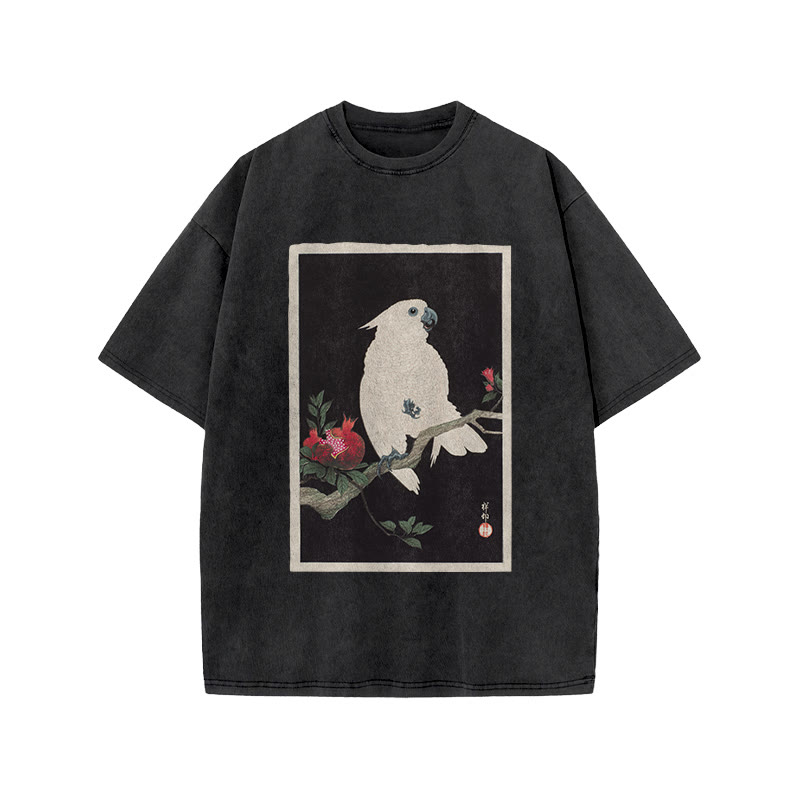 Japanese Vintage Cockatoo On Pomegranate Art Patterns Print Acid Washed T-shirt - Black - US20-22(3XL) - image 1
