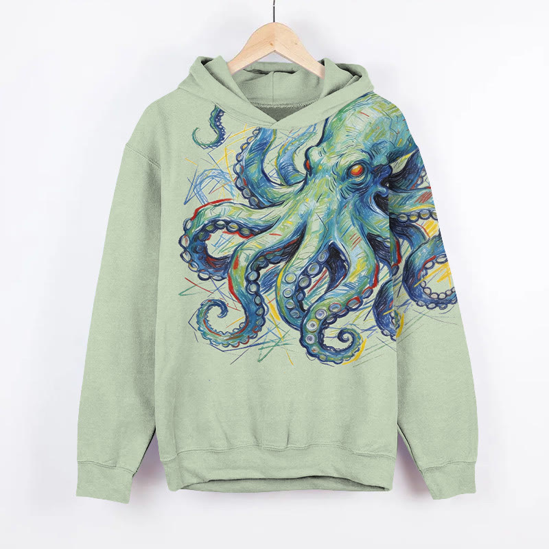 Creative Colored Simple Drawing Octopus Art Print Long Sleeve Hoodie - Green - US44-46(8XL) - image 2