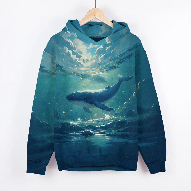 Stunning Underwater Whale Art Print Long Sleeve Hoodie - Blue - US44-46(8XL) - image 2