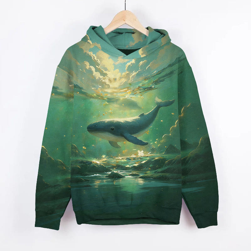 Stunning Underwater Whale Art Print Long Sleeve Hoodie - Green - US44-46(8XL) - image 1
