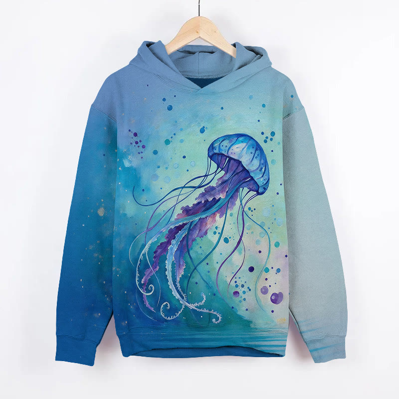 Funny Bubble Jellyfish Art Print Long Sleeve Hoodie - Blue - US44-46(8XL) - image 2