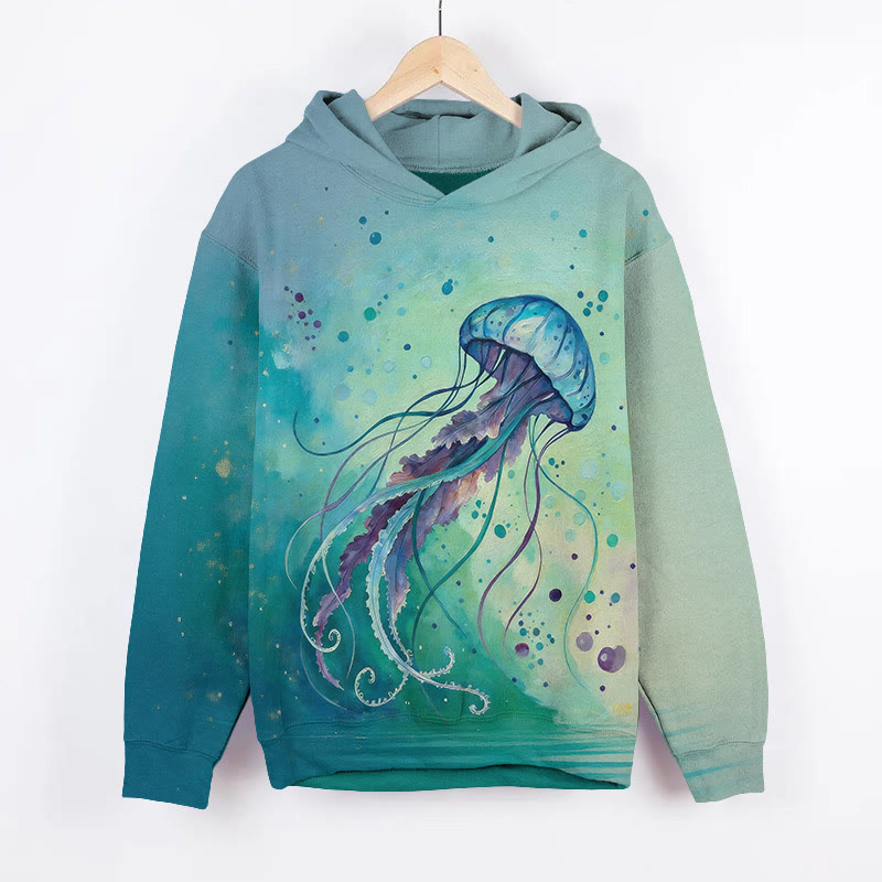 Funny Bubble Jellyfish Art Print Long Sleeve Hoodie - Green - US44-46(8XL) - image 1