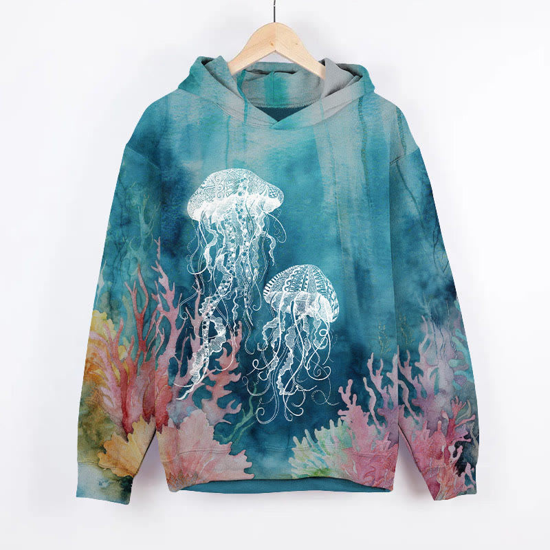 Vintage Transparent Jellyfish & Coral Art Print Long Sleeve Hoodie - Blue - US44-46(8XL) - image 1