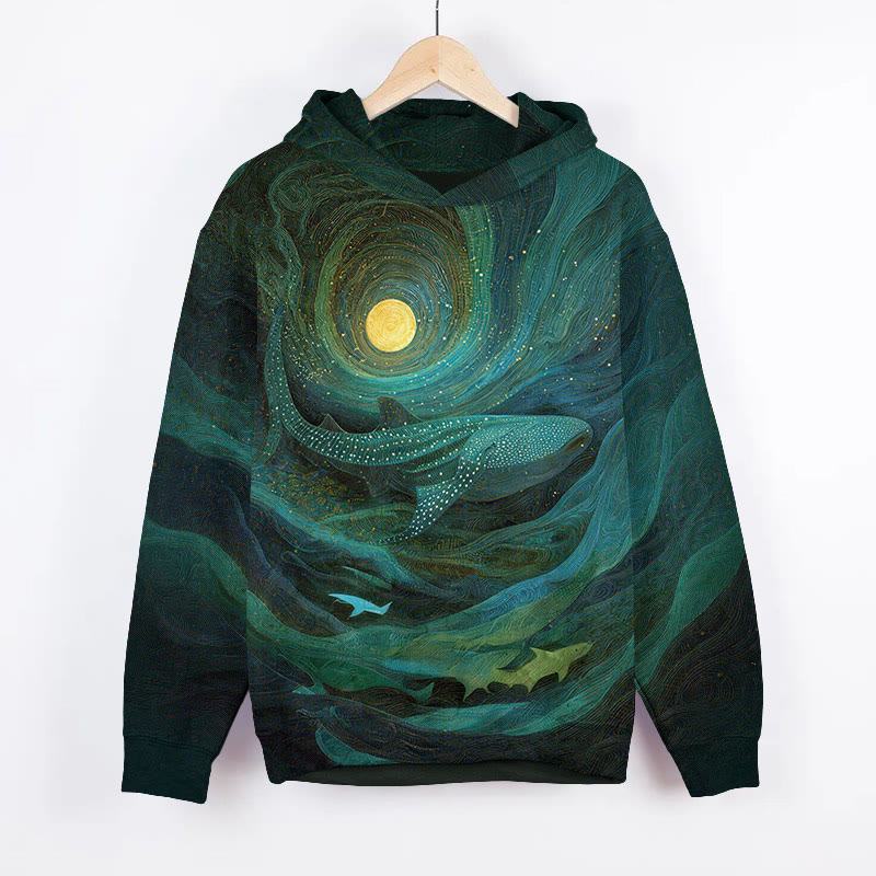 Mystical Oil Painting Whale Art Print Long Sleeve Hoodie - Green - US44-46(8XL) - image 2