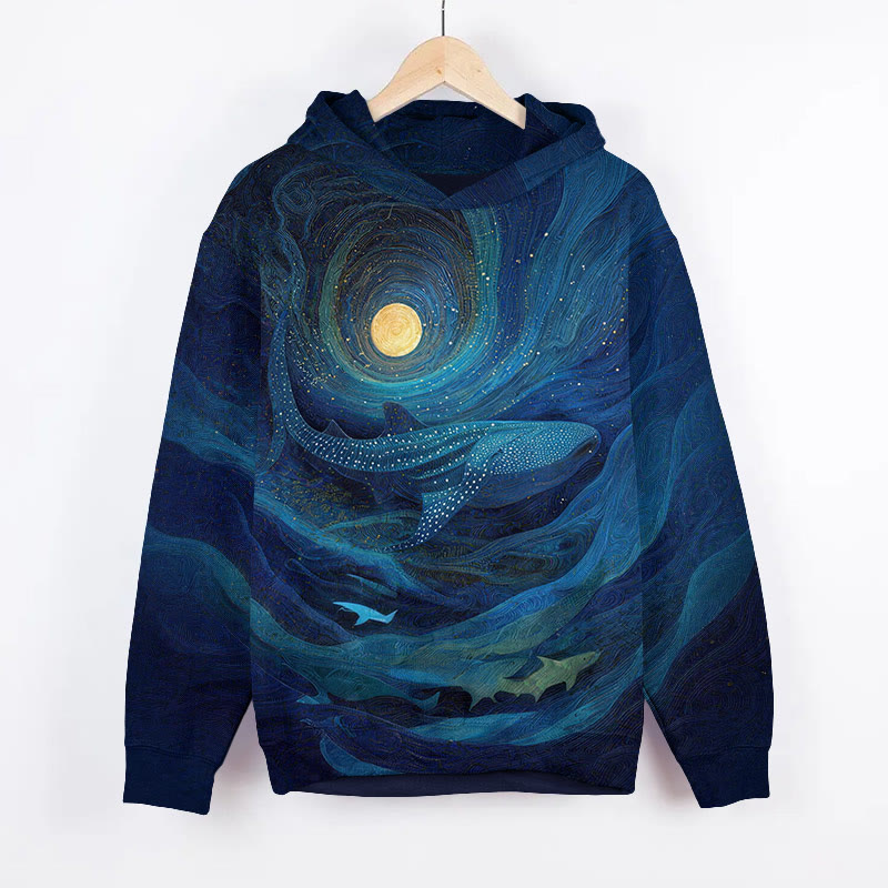 Mystical Oil Painting Whale Art Print Long Sleeve Hoodie - Blue - US44-46(8XL) - image 1