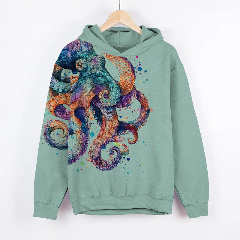 Creative Colorful Octopus Art Print Long Sleeve Hoodie - Green - US44-46(8XL) - image 2