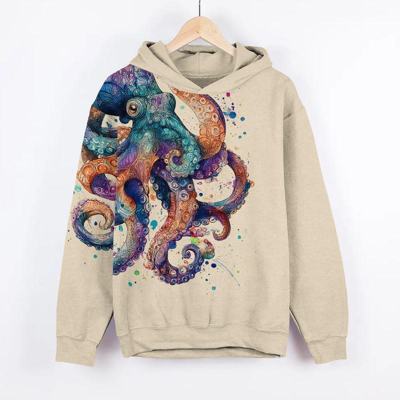Creative Colorful Octopus Art Print Long Sleeve Hoodie - Apricot - US44-46(8XL) - image 1