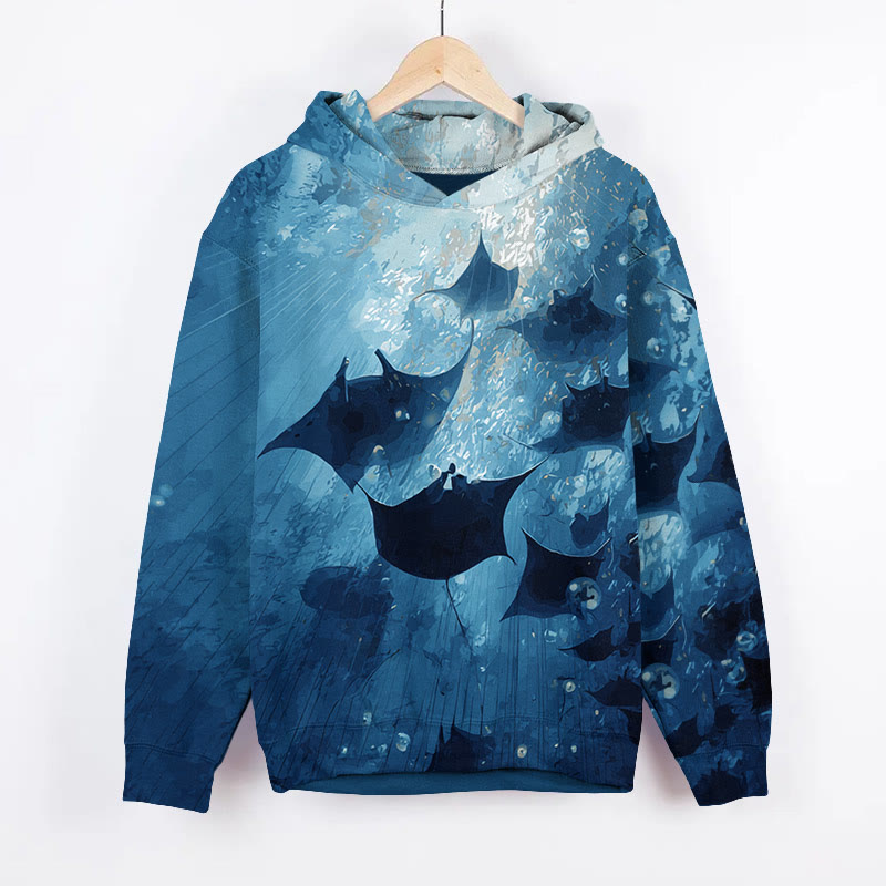 Creative Underwater Ray Art Print Long Sleeve Hoodie - Blue - US44-46(8XL) - image 2