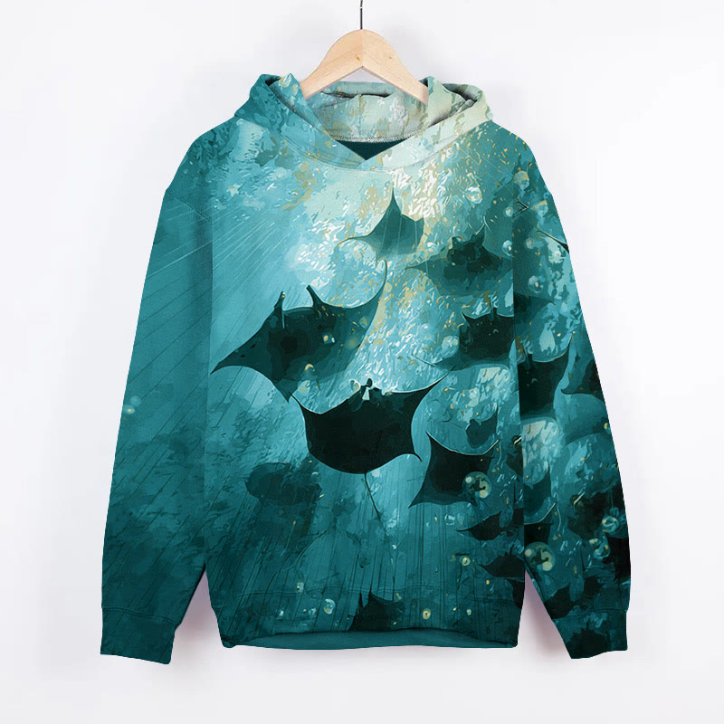 Creative Underwater Ray Art Print Long Sleeve Hoodie - Green - US44-46(8XL) - image 1