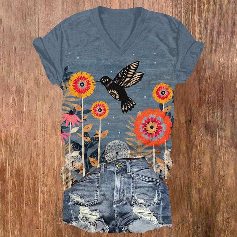 Bird And Floral Graphic Short Sleeved V-neck T-shirt - Blue - US32-34(5XL) - image 1