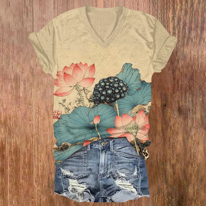 Japanese Art Lotus Art Print Short Sleeved V-neck T-shirt - Apricot - US32-34(5XL) - image 1
