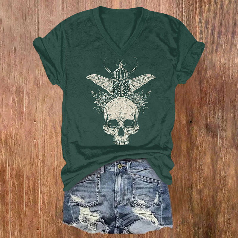 Vintage Skull Art Print Short Sleeved V-neck T-shirt - Green - US32-34(5XL) - image 1