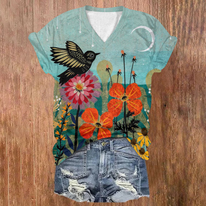 Nature Inspired Bird Flower Art Print Short Sleeved V-neck T-shirt - Blue - US32-34(5XL) - image 1