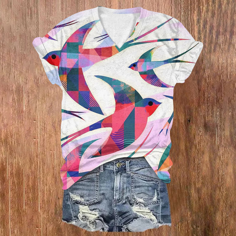 Pigeon Geometric Patterns Art Print Short Sleeved V-neck T-shirt - White - US32-34(5XL) - image 1