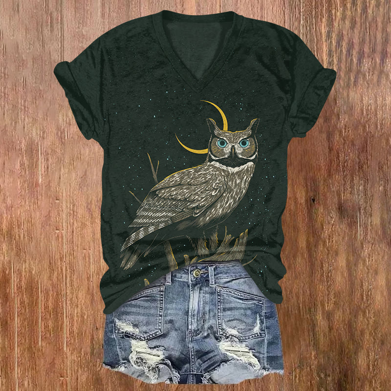 Vintage Owl And Moon Art Print Short Sleeved V-neck T-shirt - Black - US32-34(5XL) - image 1