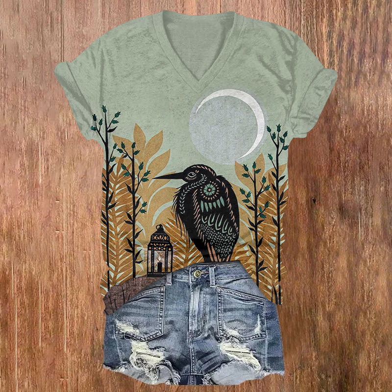 Vintage Floral Bird Art Print Short Sleeved V-neck T-shirt - Green - US32-34(5XL) - image 1