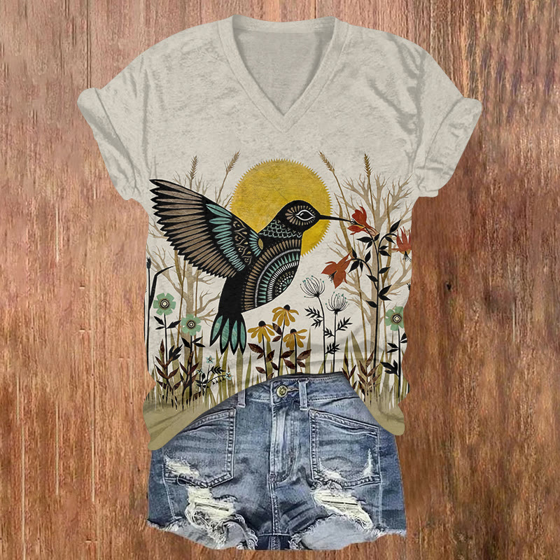 Folk Art Floral Bird Print Short Sleeved V-neck T-shirt - Apricot - US32-34(5XL) - image 1