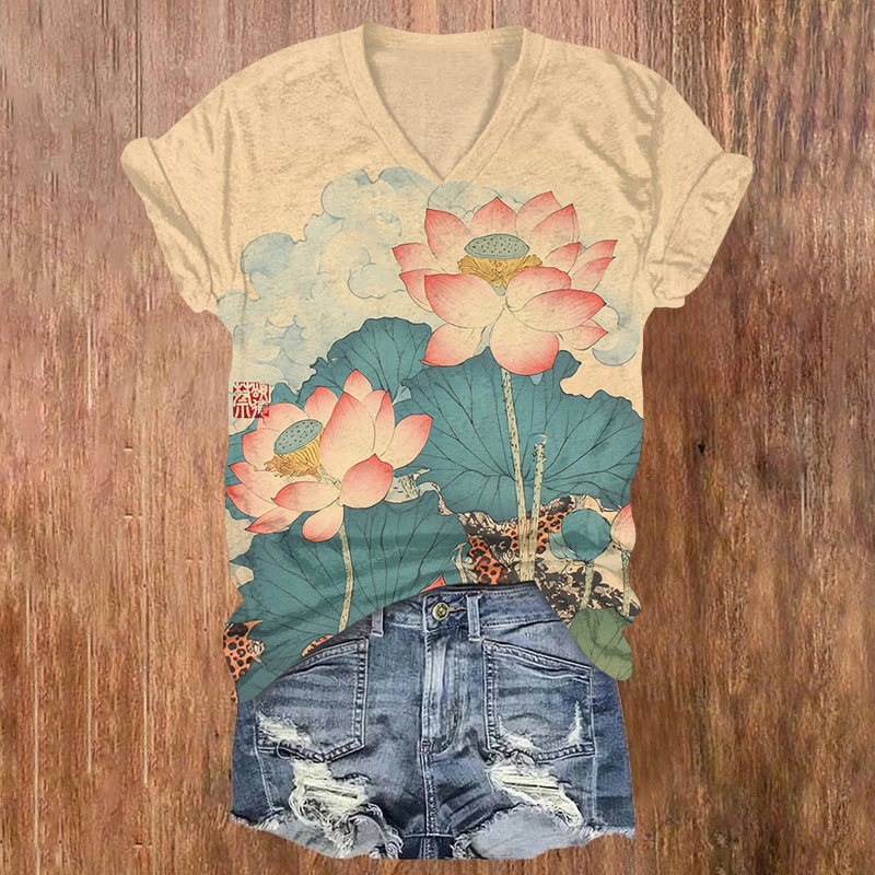 Japanese Art Lotus Print Short Sleeved V-neck T-shirt - Apricot - US32-34(5XL) - image 1