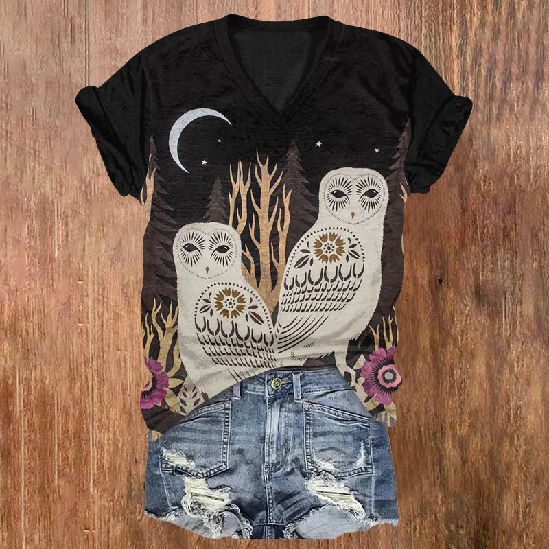 Nature Inspired Owl Flower Print Short Sleeved V-neck T-shirt - Black - US32-34(5XL) - image 1