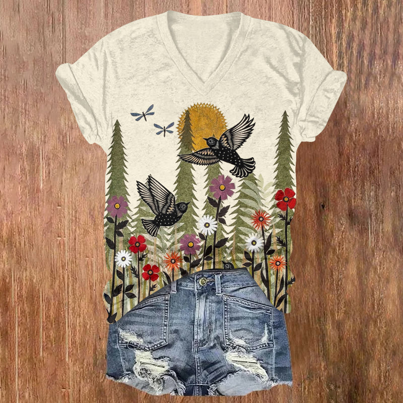 Peaceful Bird In Bloom Print Short Sleeved V-neck T-shirt - Apricot - US32-34(5XL) - image 1