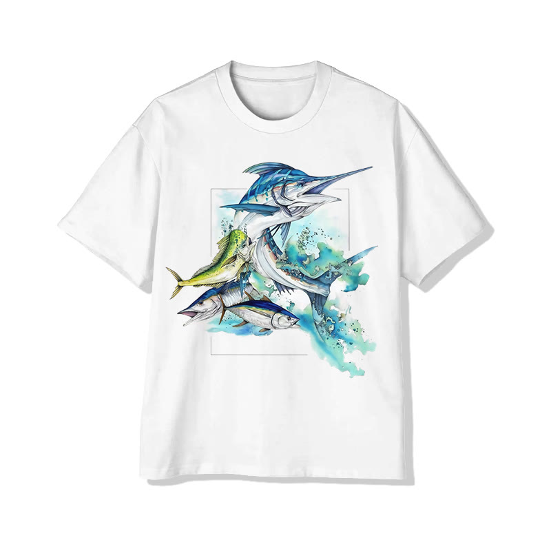 Vintage Ocean Shark Print Short Sleeved Crew Neck T-shirt - White - 2XL - image 1
