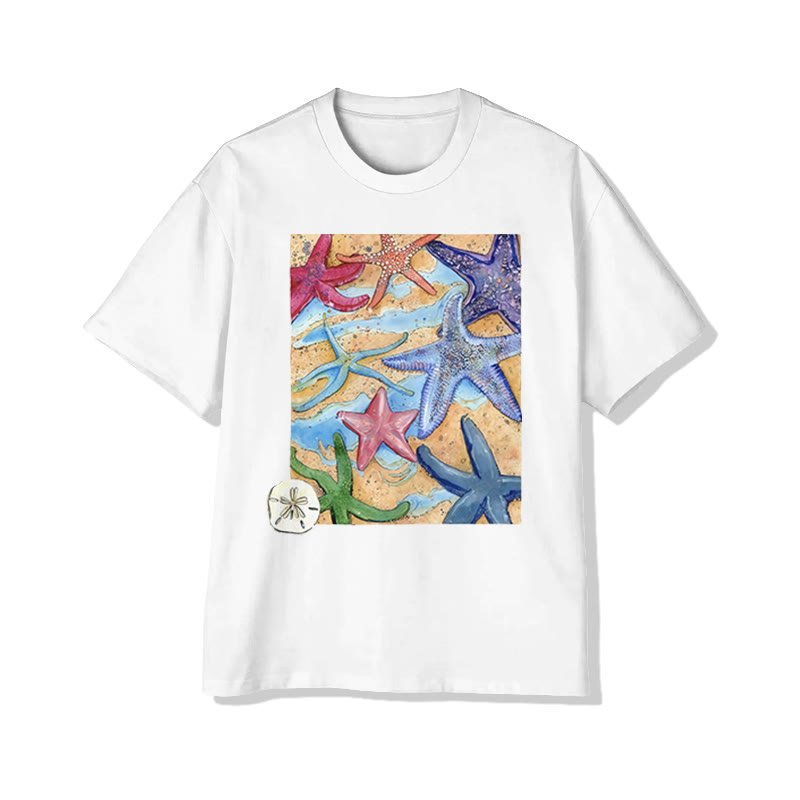 Vintage Starfish Print Short Sleeved Crew Neck T-shirt - White - 2XL - image 1