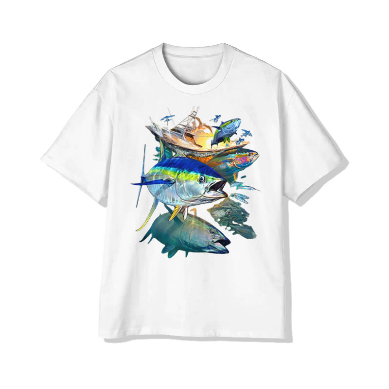Artistic Ocean Fish Illustration Print Short Sleeved Crew Neck T-shirt - White - 2XL - image 1