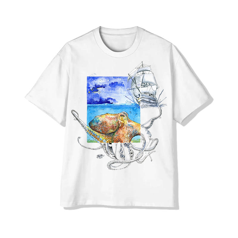 Watercolor Marine Life Graphic Print Short Sleeved Crew Neck T-shirt - White - 2XL - image 1