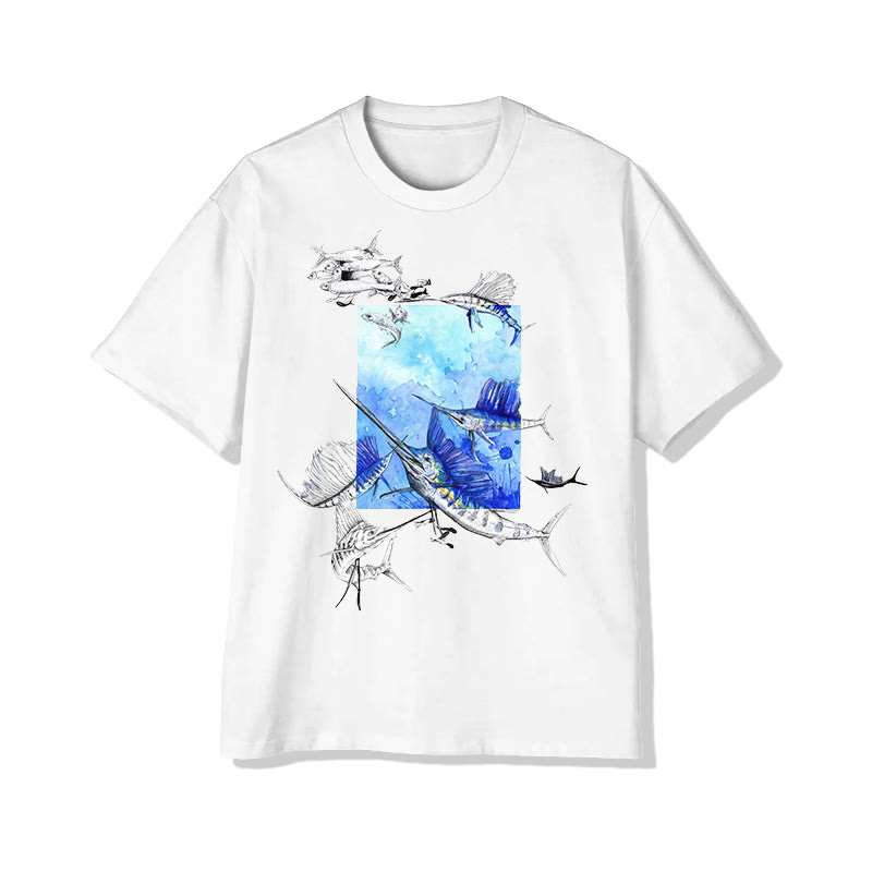 Vacation Vibes Ocean Fish Print Short Sleeved Crew Neck T-shirt - White - 2XL - image 1