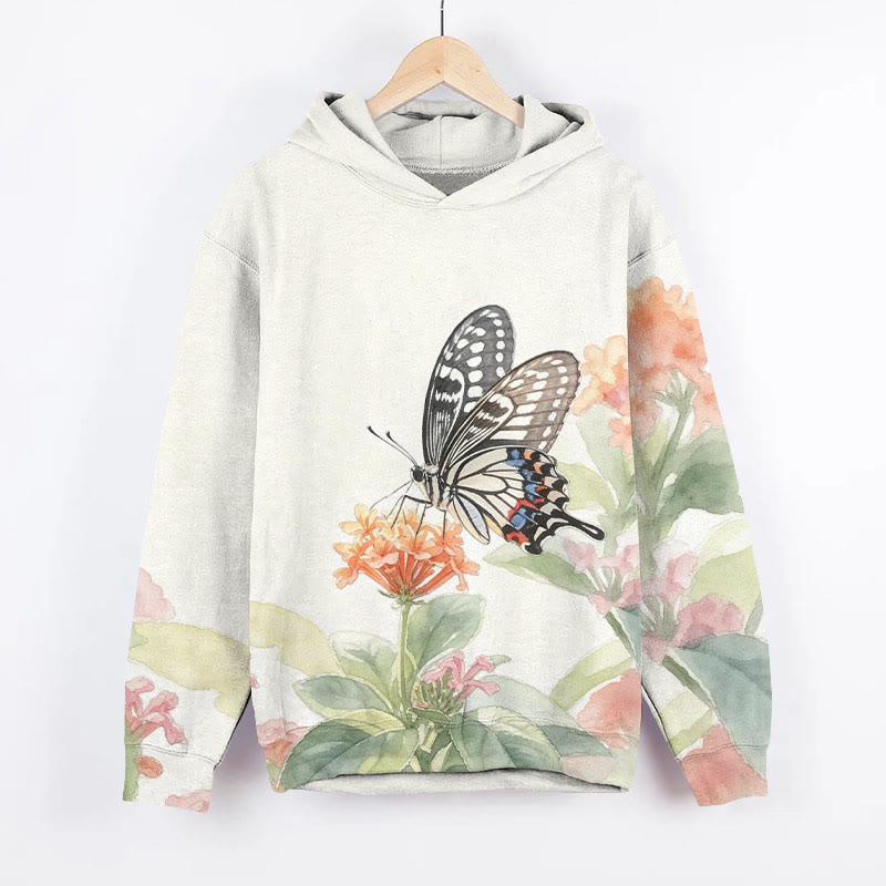Watercolor Butterfly & Flowers Art Print Long Sleeve Hoodie - White - US44-46(8XL) - image 3
