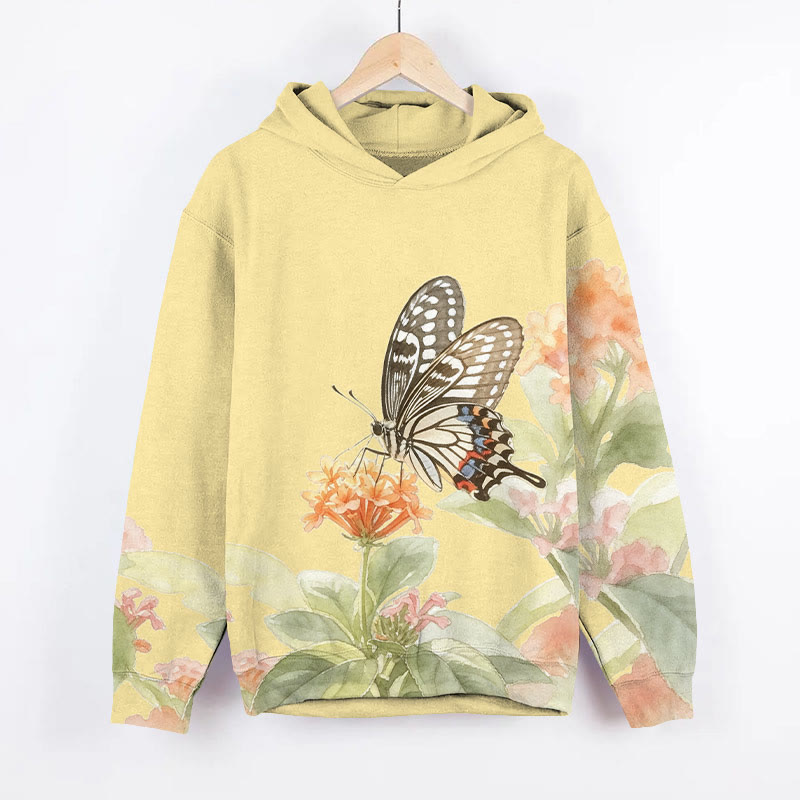 Watercolor Butterfly & Flowers Art Print Long Sleeve Hoodie - Yellow - US44-46(8XL) - image 1