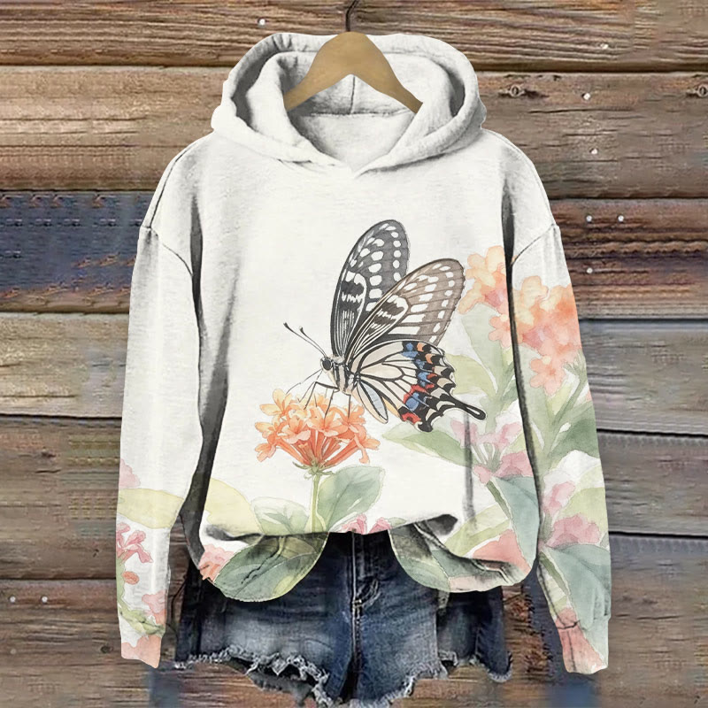 Watercolor Butterfly & Flowers Art Print Long Sleeve Hoodie - image 4