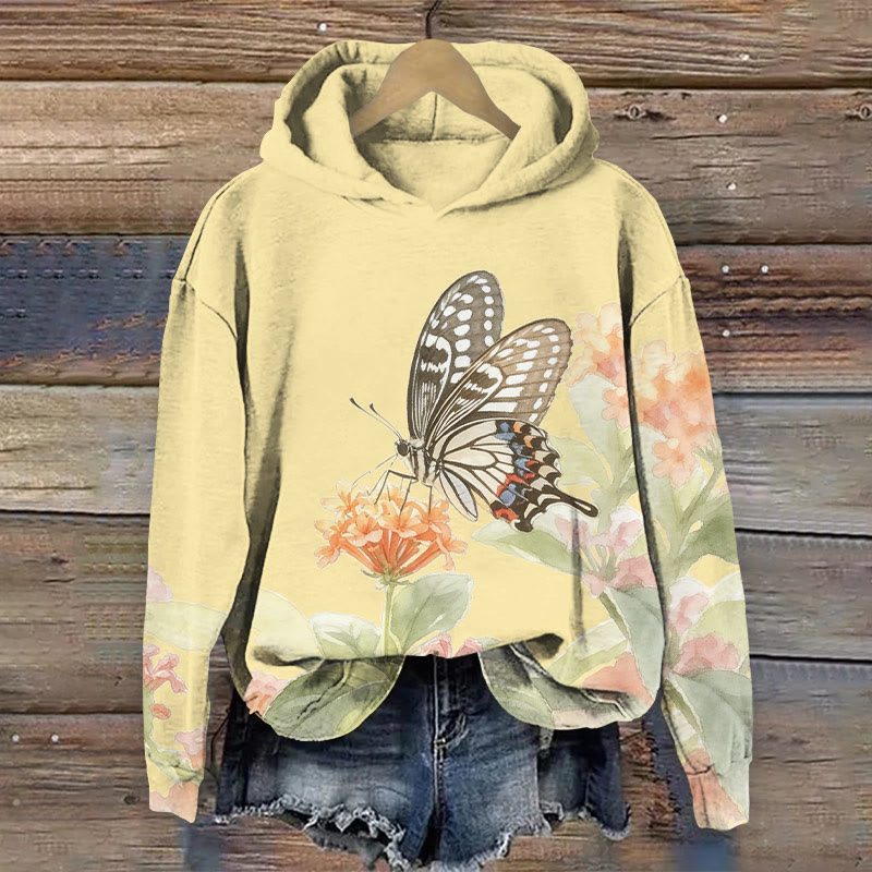 Watercolor Butterfly & Flowers Art Print Long Sleeve Hoodie - image 2