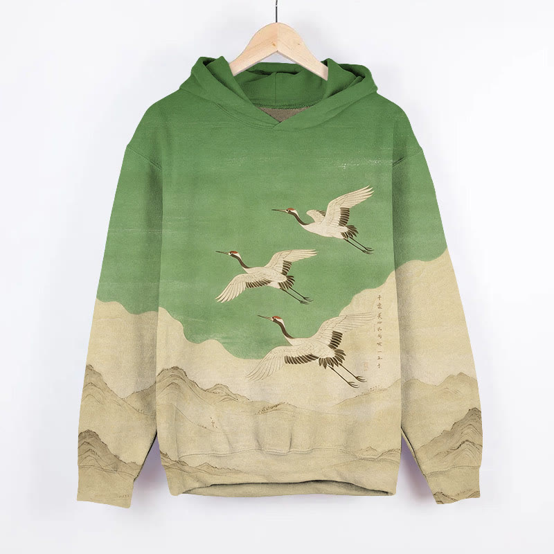 Vintage White Cranes Flying Over The Mountain Art Print Long Sleeve Hoodie - Green - US44-46(8XL) - image 2