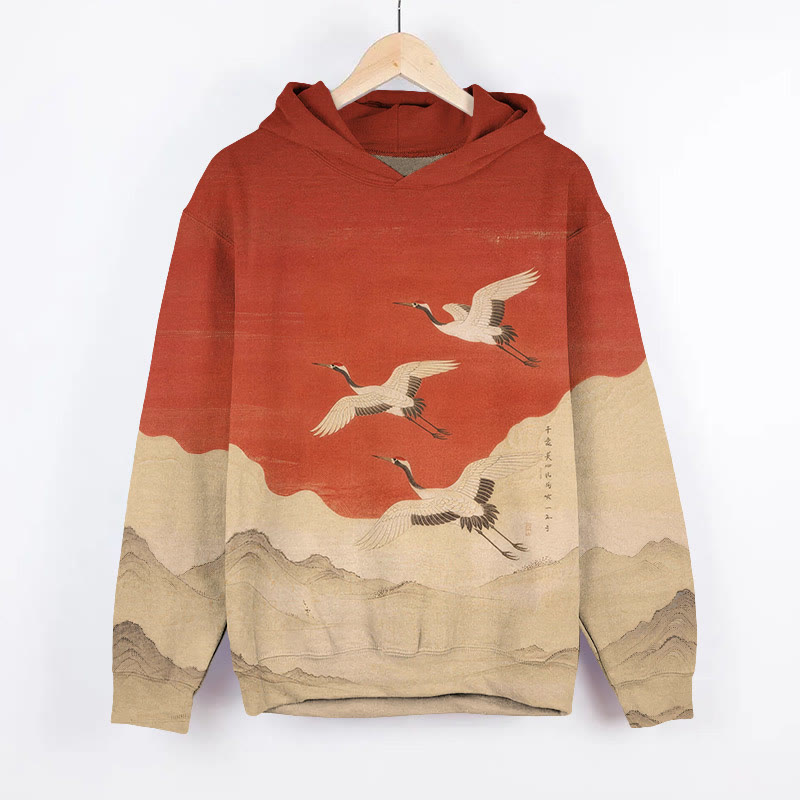 Vintage White Cranes Flying Over The Mountain Art Print Long Sleeve Hoodie - Red - US44-46(8XL) - image 1