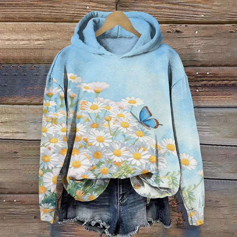 Watercolor Daisy & Butterfly Art Print Long Sleeve Hoodie - image 2