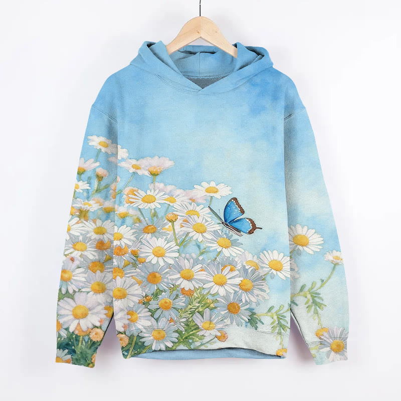Watercolor Daisy & Butterfly Art Print Long Sleeve Hoodie - Blue - US44-46(8XL) - image 1