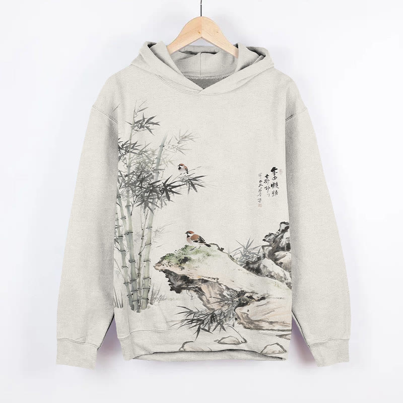 Vintage Ink Watercolor Bamboo & Birds Art Print Long Sleeve Hoodie - Light Gray - US44-46(8XL) - image 1