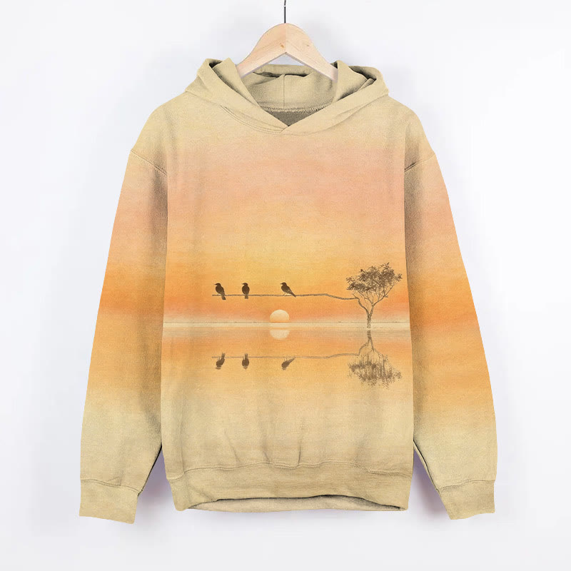 Creative Birds On Long Tree Branch Art Print Long Sleeve Hoodie - Orange - US44-46(8XL) - image 2