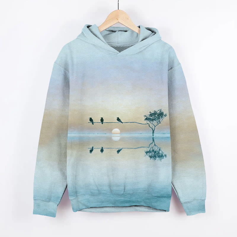 Creative Birds On Long Tree Branch Art Print Long Sleeve Hoodie - Blue - US44-46(8XL) - image 1