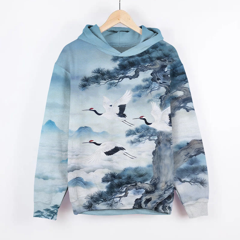 White Cranes Flying Around Pine Trees Art Print Long Sleeve Hoodie - Blue - US44-46(8XL) - image 2